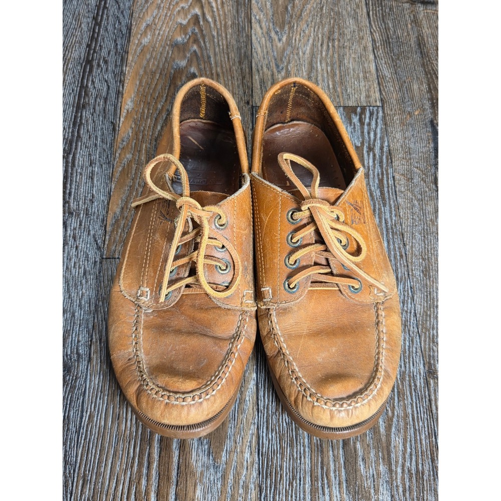 Vintage Barclay Tan Leather Boat Shoes Mens 9.5 D Hand Sewn Moc Toe Loafers